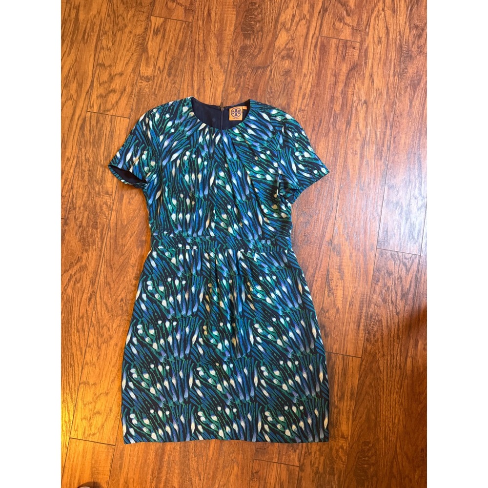 Tory Burch Womens Silk Short Sleeve Abstract Peacock Print Dress Blue Green Sz 8